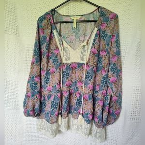 Matilda Jane Sew Perfect Lace Floral Peasant Blouse Size Large Long Slee…